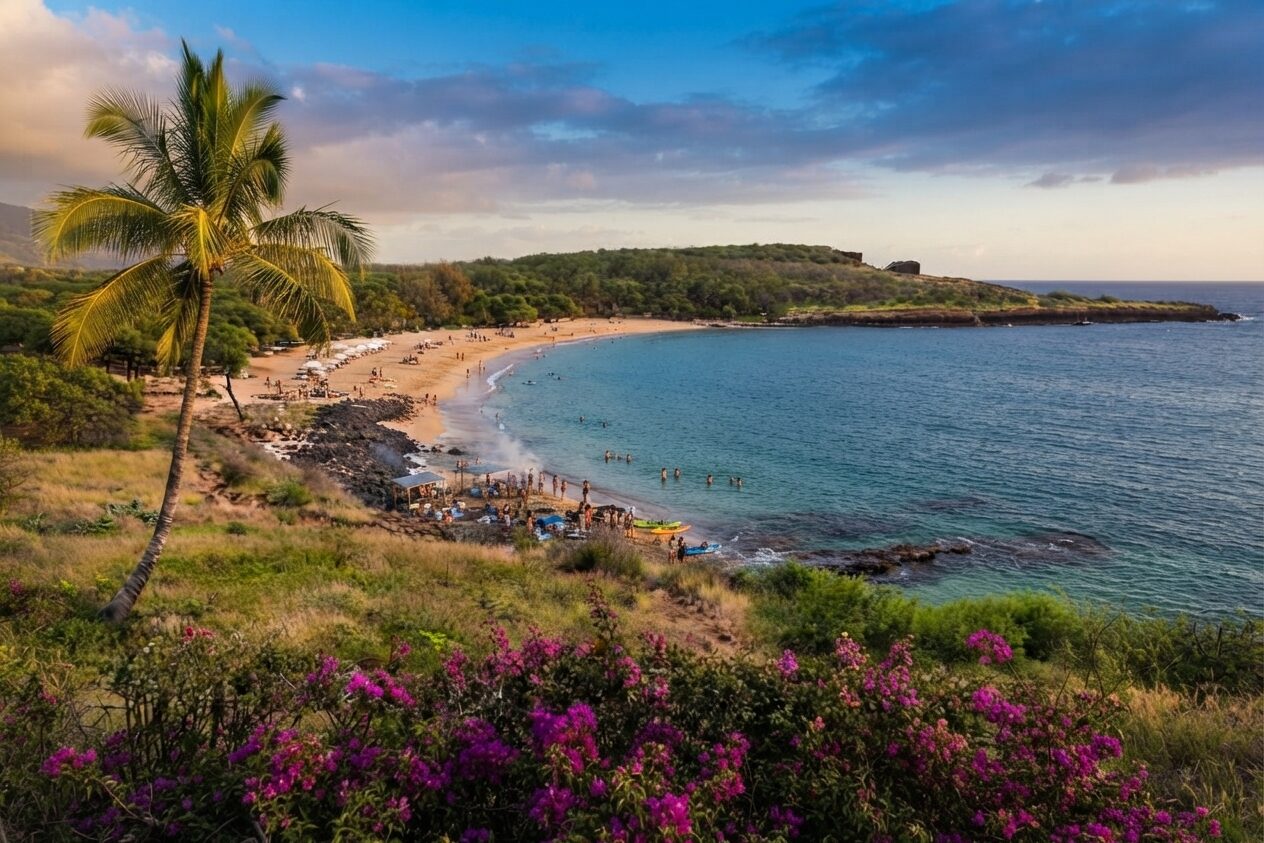 Golden Hawaiian bay with flowers