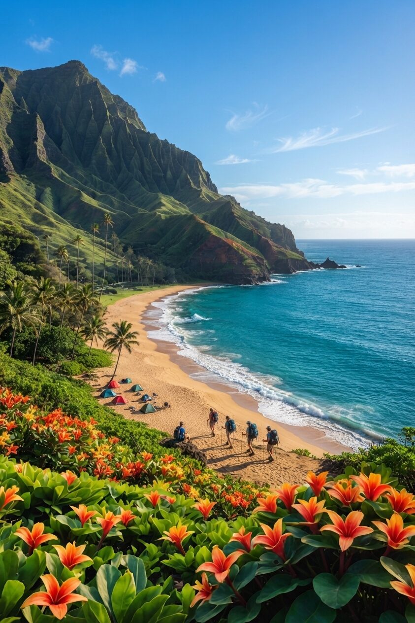 Black lava-rock coastline lined with palms — Big Island Hawaii Travel Guide