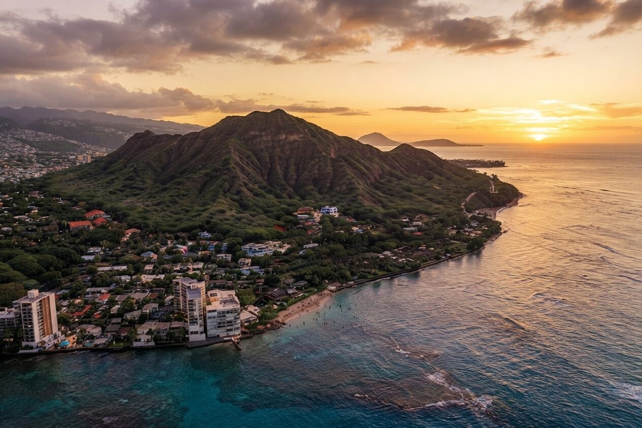 Big Island resort bay glowing at sunset from above