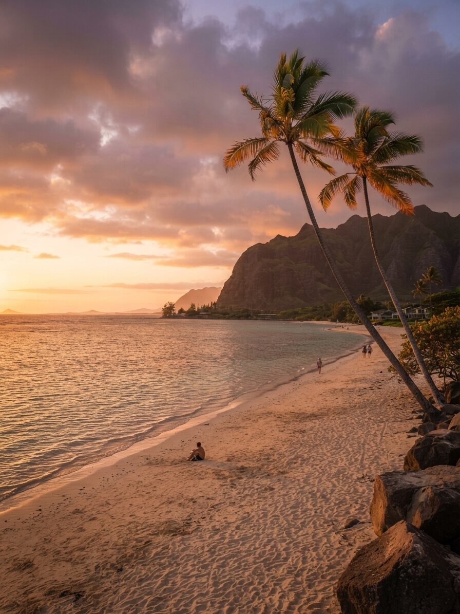 Palm trees against a Pacific sunset